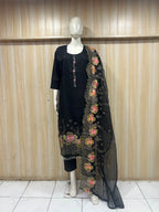Black ROMAN SILK Embroidered 3-Piece Ethnic Suit Set with Floral Dupatta