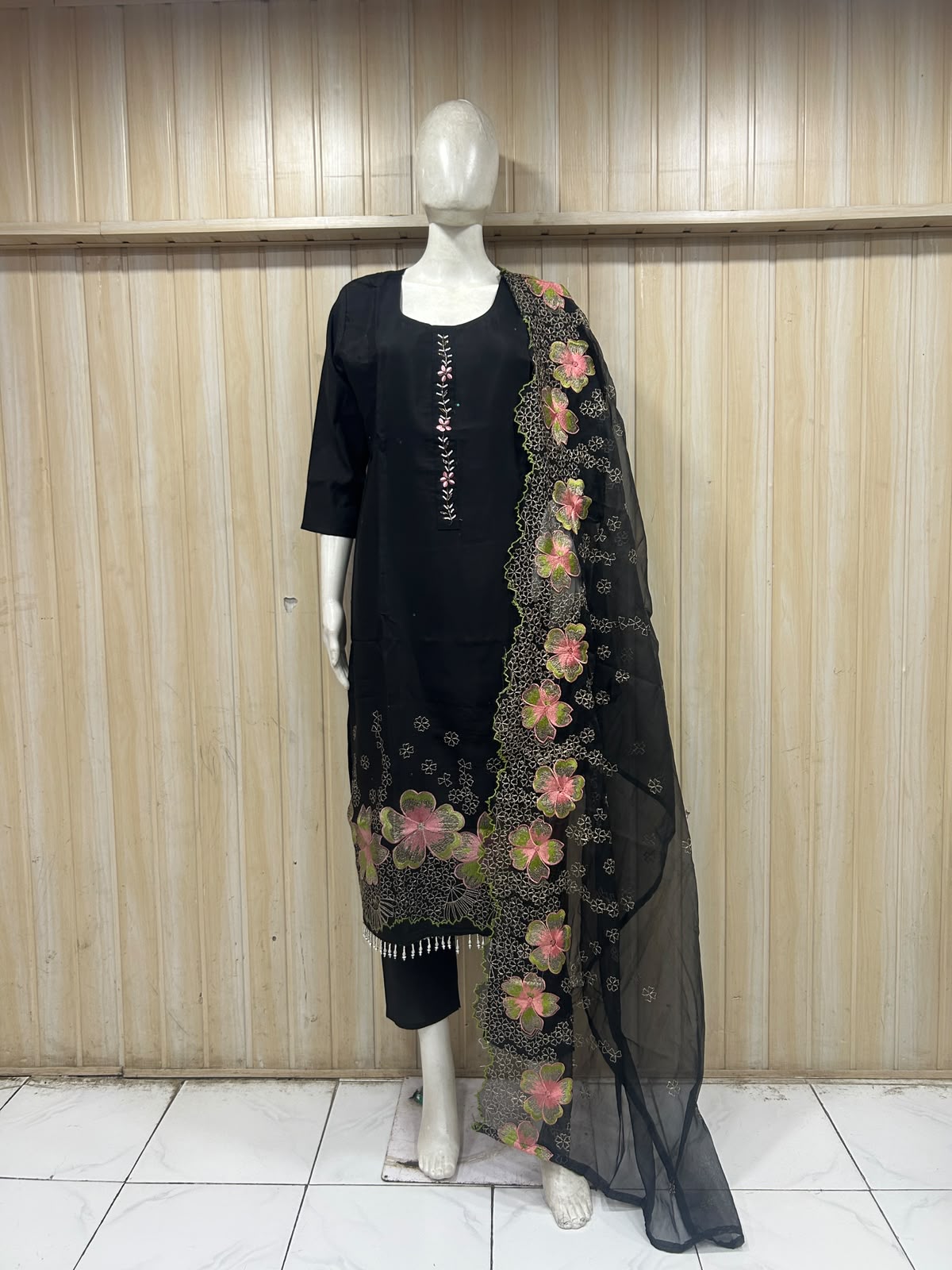 Black ROMAN SILK Embroidered 3-Piece Ethnic Suit Set with Floral Dupatta