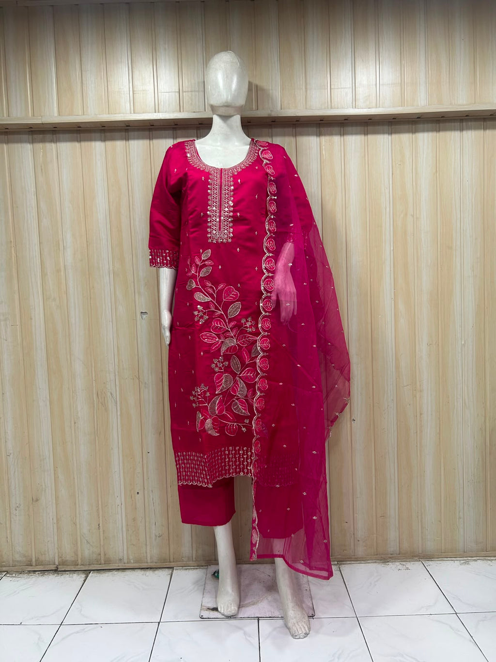 Fuchsia Pink ROMAN SILK Embroidered 3-Piece Ethnic Suit Set with Dupatta