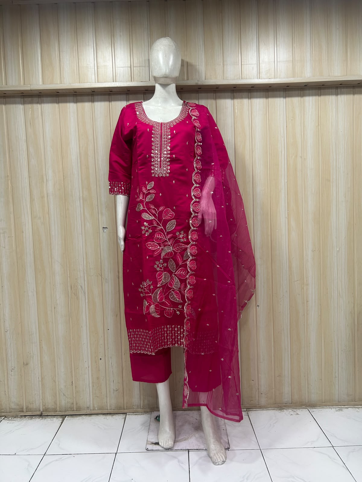 Fuchsia Pink ROMAN SILK Embroidered 3-Piece Ethnic Suit Set with Dupatta