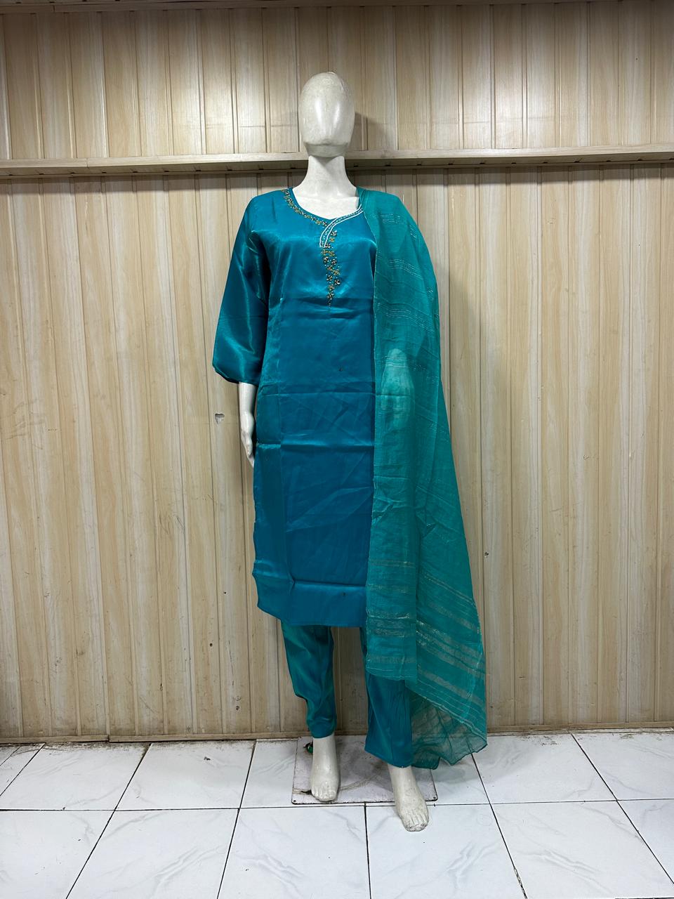 Teal Blue ROMAN GLASS 3-Piece Ethnic Suit Set with Dupatta