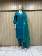 Teal Blue ROMAN GLASS 3-Piece Ethnic Suit Set with Dupatta