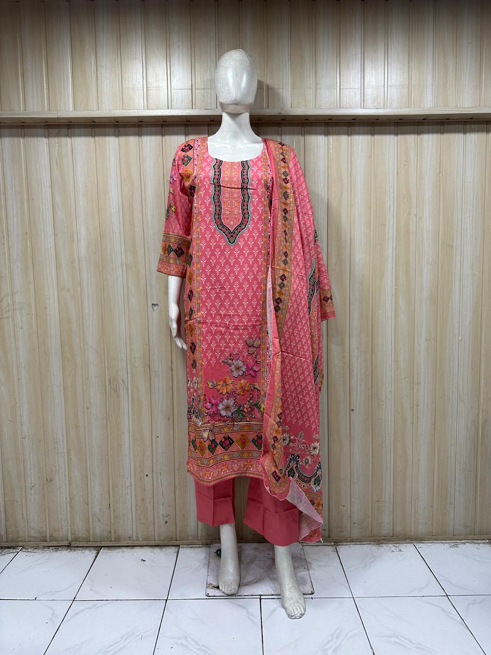 Pink ROMAN GLASS Printed Straight Kurti Set with Pant &amp; Dupatta