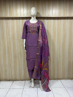 ROMAN GLASS Purple Embroidered Straight Kurti Pant Set with Printed Dupatta