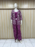 Plum Purple American Crepe 3-Piece Printed Co-Ord Set with Open-Front Floral Jacket