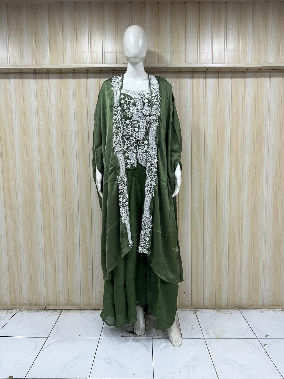 Olive Green American Crepe 3-Piece Co-Ord Set with Open-Front Layered Jacket
