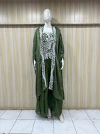 Olive Green American Crepe 3-Piece Co-Ord Set with Open-Front Layered Jacket