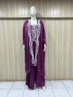 Luxury Plum Purple American Crepe 3-Piece Co-Ord Set with Printed Open-Front Jacket