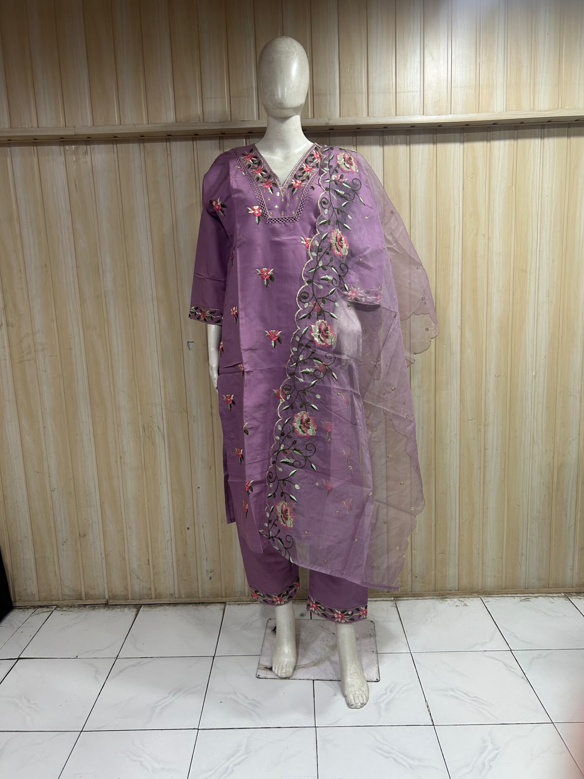 Purple ROMAN GLASS Embroidered 3-Piece Ethnic Suit Set with Dupatta