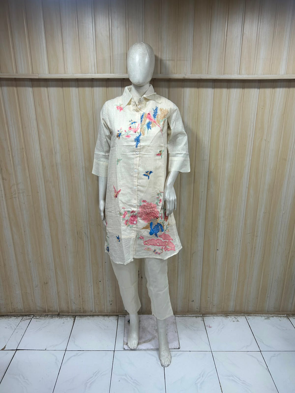Off-White Cotton Hand Work Embroidered Co-Ord Set for Women
