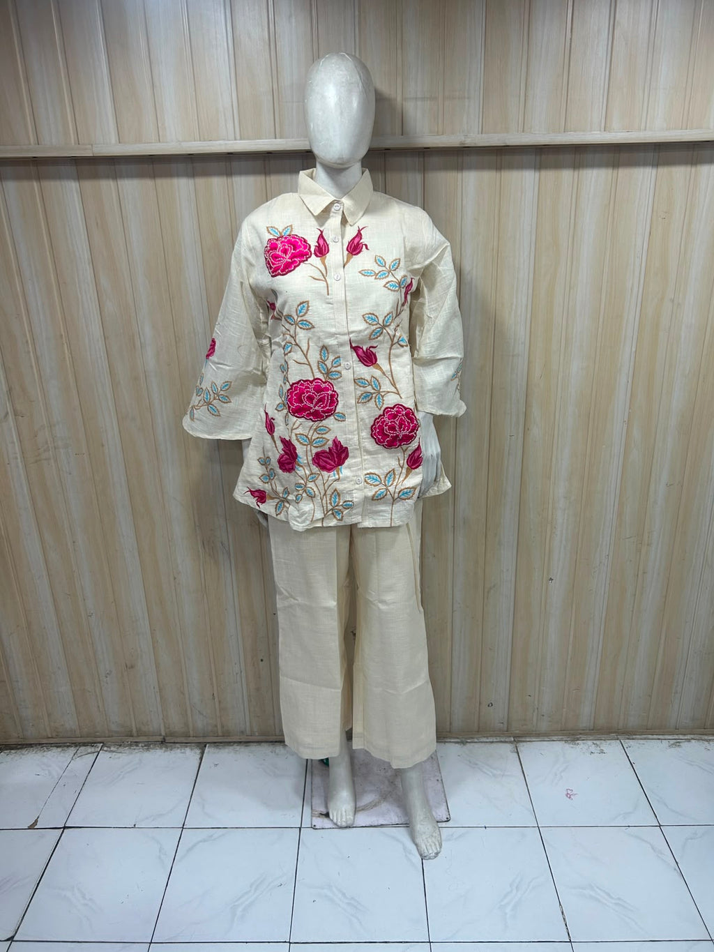 Cream Cotton Hand Work Embroidered Co-Ord Set for Women
