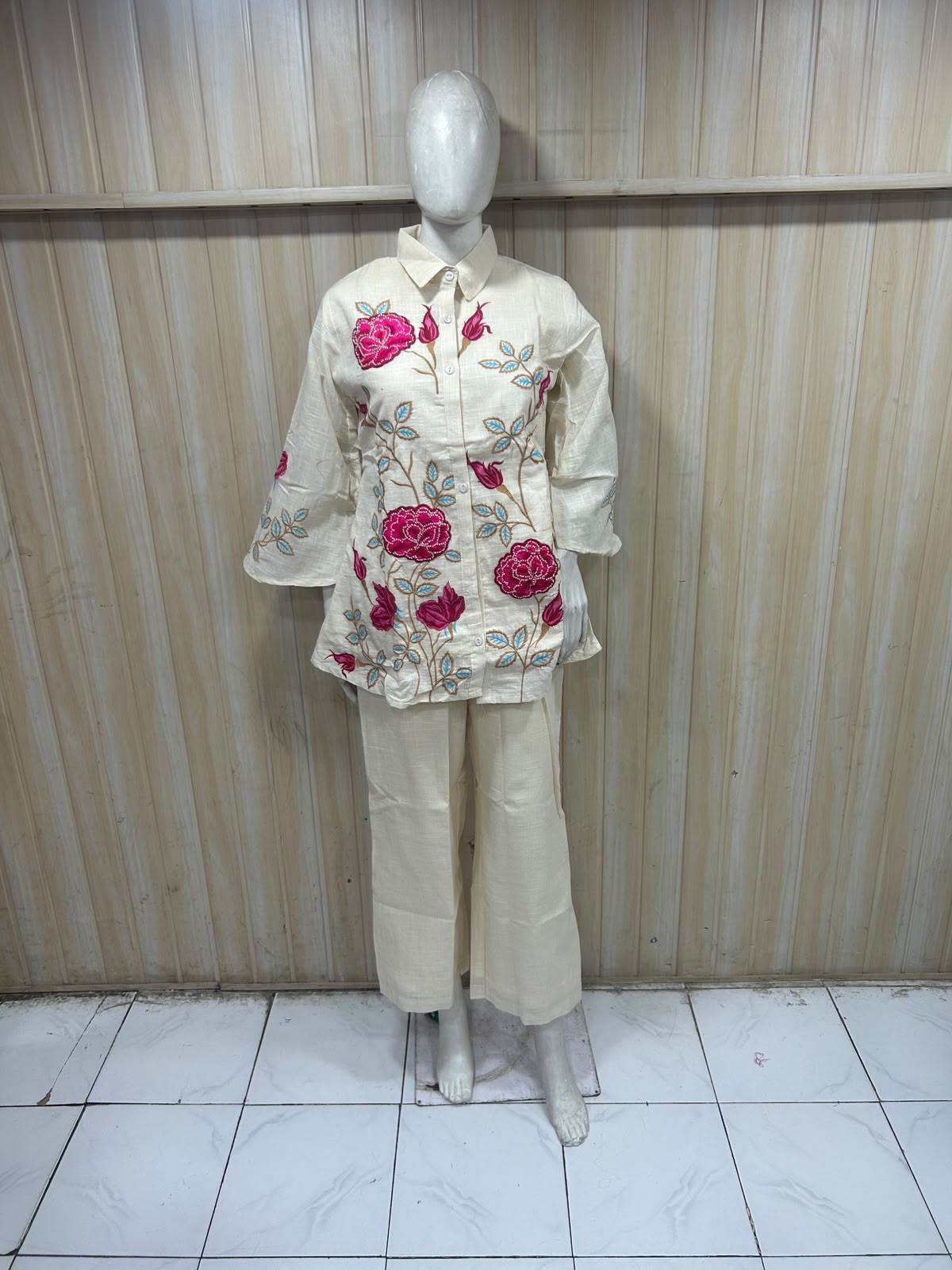Cream Cotton Hand Work Embroidered Co-Ord Set for Women