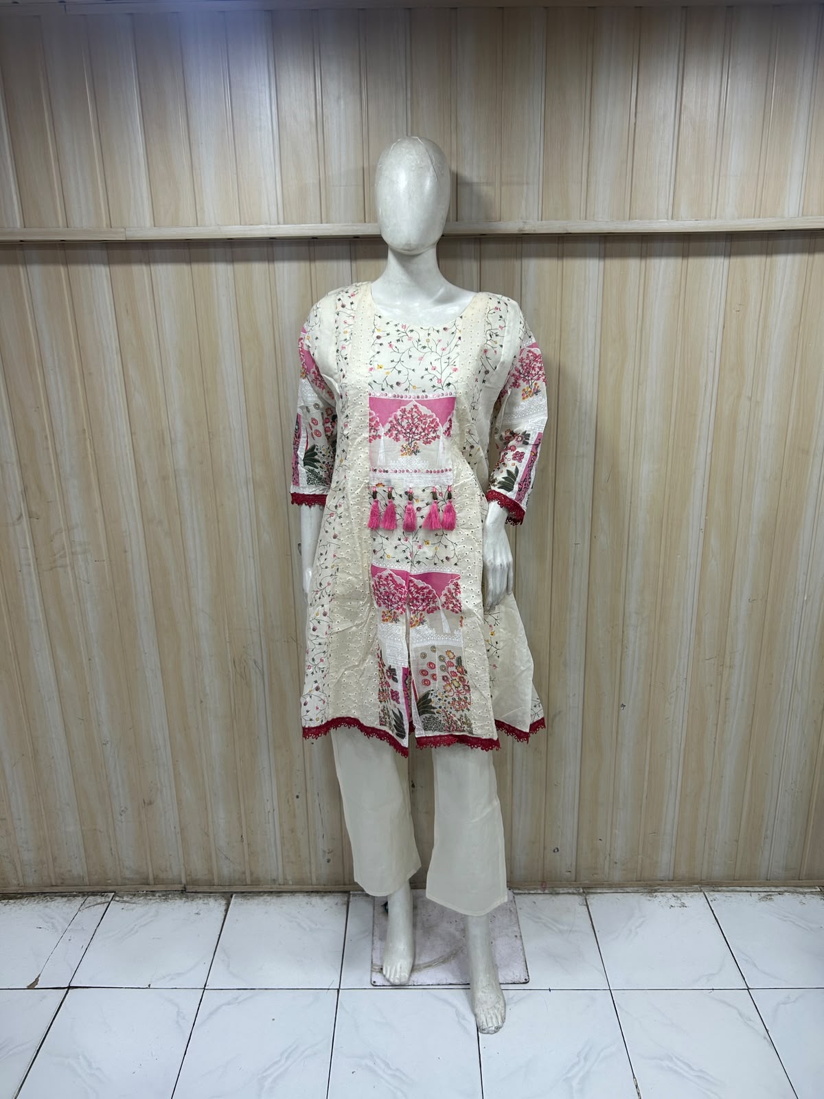 Cream Cotton Hand Work Embroidered Co-Ord Set for Women