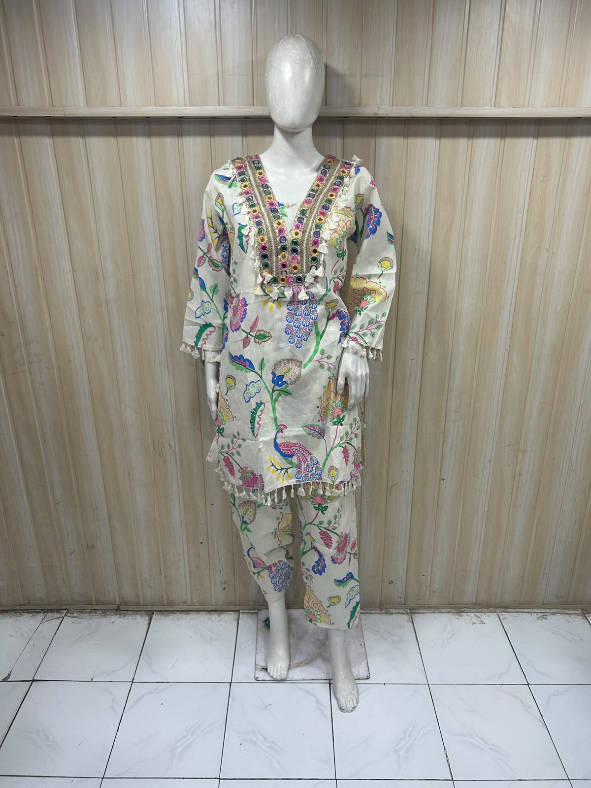 Off-White Cotton Hand Work Embroidered Printed Co-Ord Set