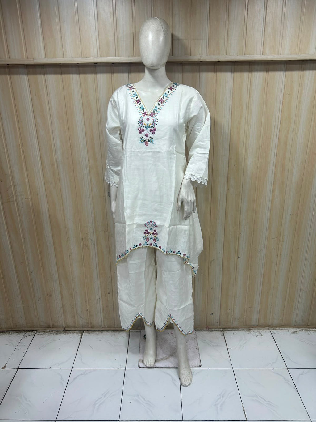 Ivory Cotton Hand Work Embroidered V-Neck Co-Ord Set for Women