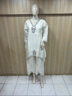 Ivory Cotton Hand Work Embroidered V-Neck Co-Ord Set for Women