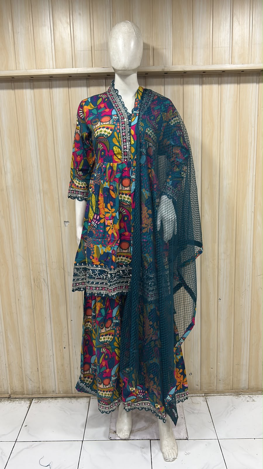 Teal Multi-Colour Cotton 3-Piece Garara Set with Hand Work Embellished Neckline &amp; Dupatta
