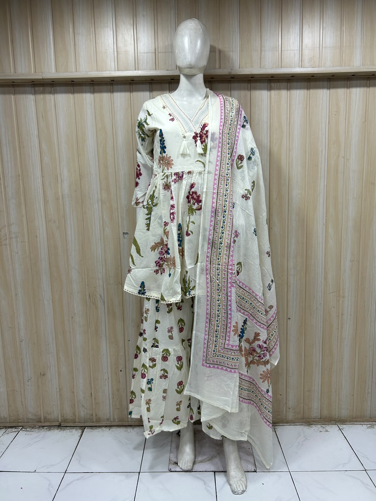 Off-White Floral Cotton 3-Piece Set with Hand Work Embellished V-Neck