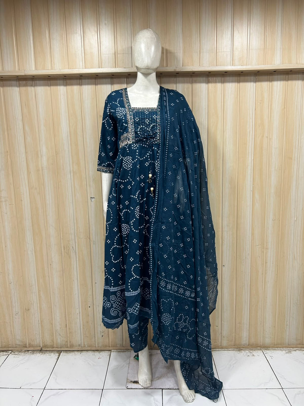 Navy Blue Cotton 3-Piece Set with Hand Work Embellished Neckline
