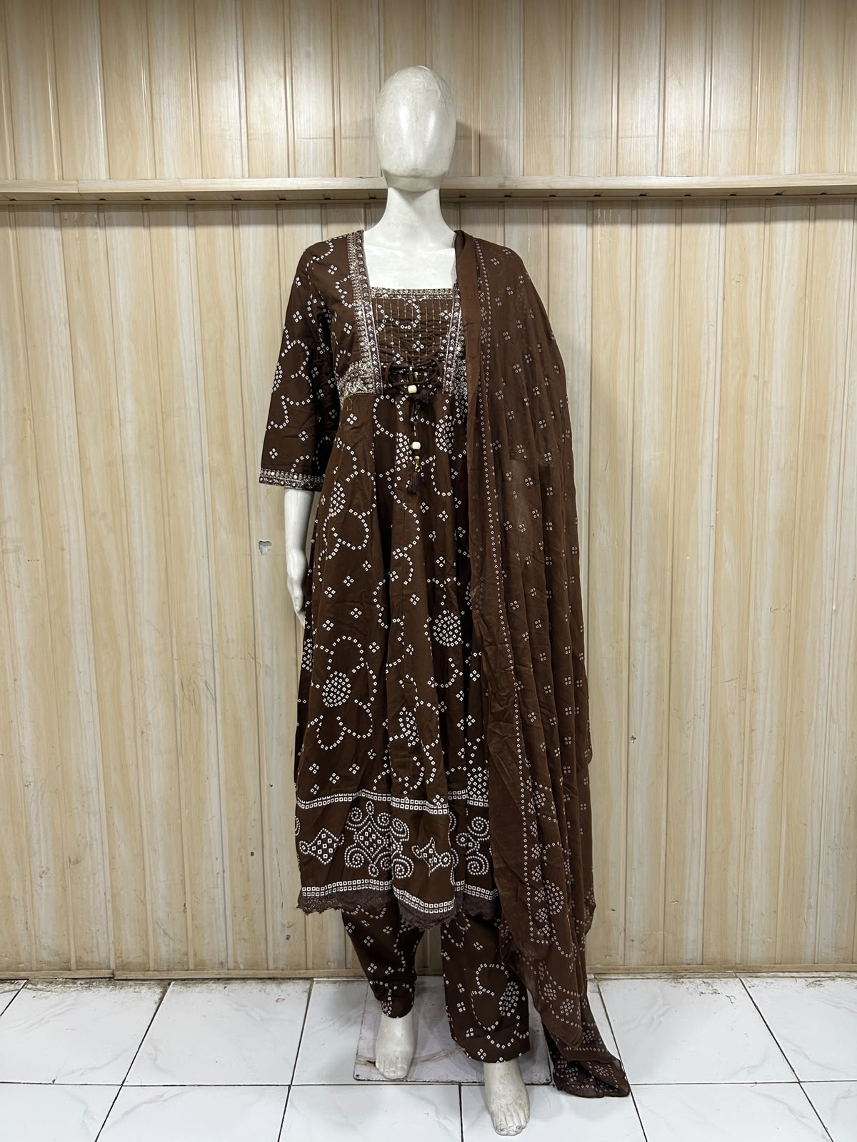 Chocolate Brown Cotton 3-Piece Set with Hand Work Embellished Neckline