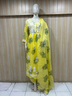 Lemon Yellow Cotton Floral Printed 3-Piece Set with Hand Work Embroidered Neckline