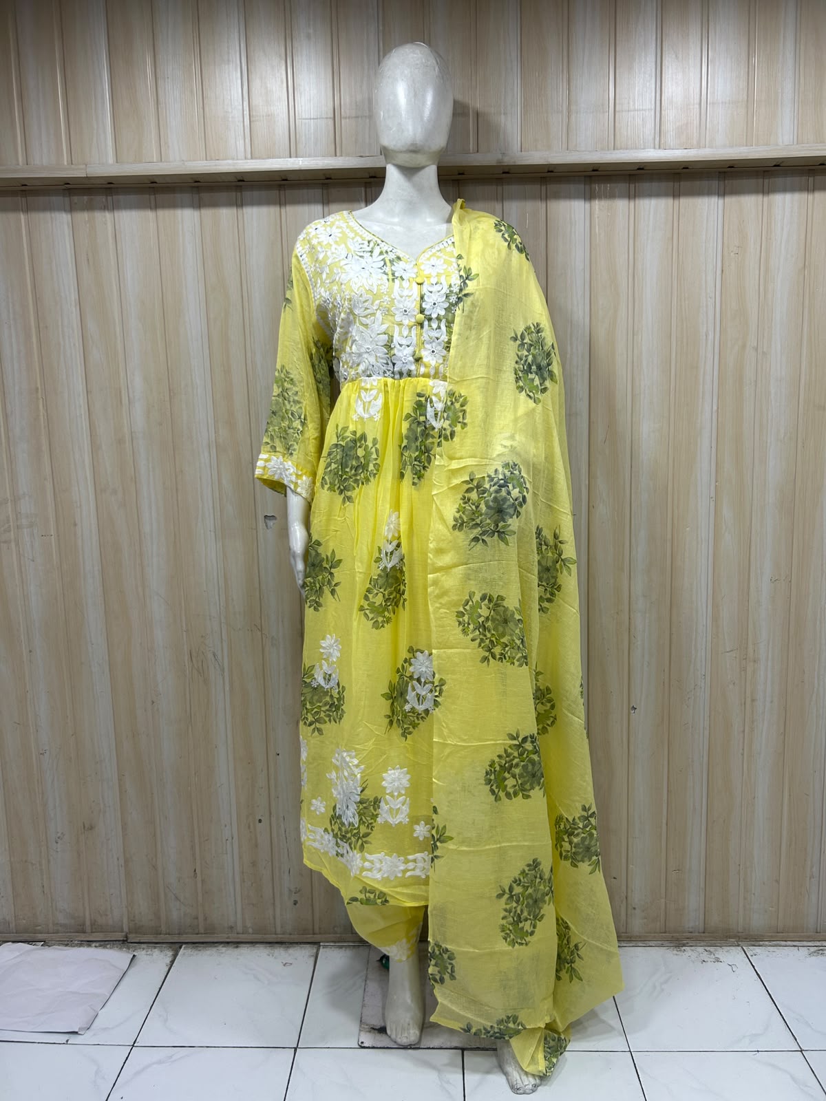 Lemon Yellow Cotton Floral Printed 3-Piece Set with Hand Work Embroidered Neckline