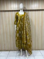 Olive Mustard Cotton 3-Piece Set with Hand Work Embellished Square Neck