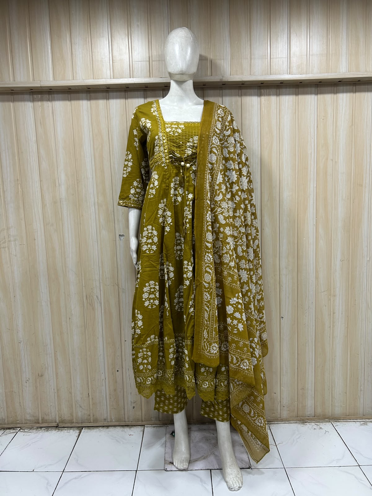 Olive Mustard Cotton 3-Piece Set with Hand Work Embellished Square Neck