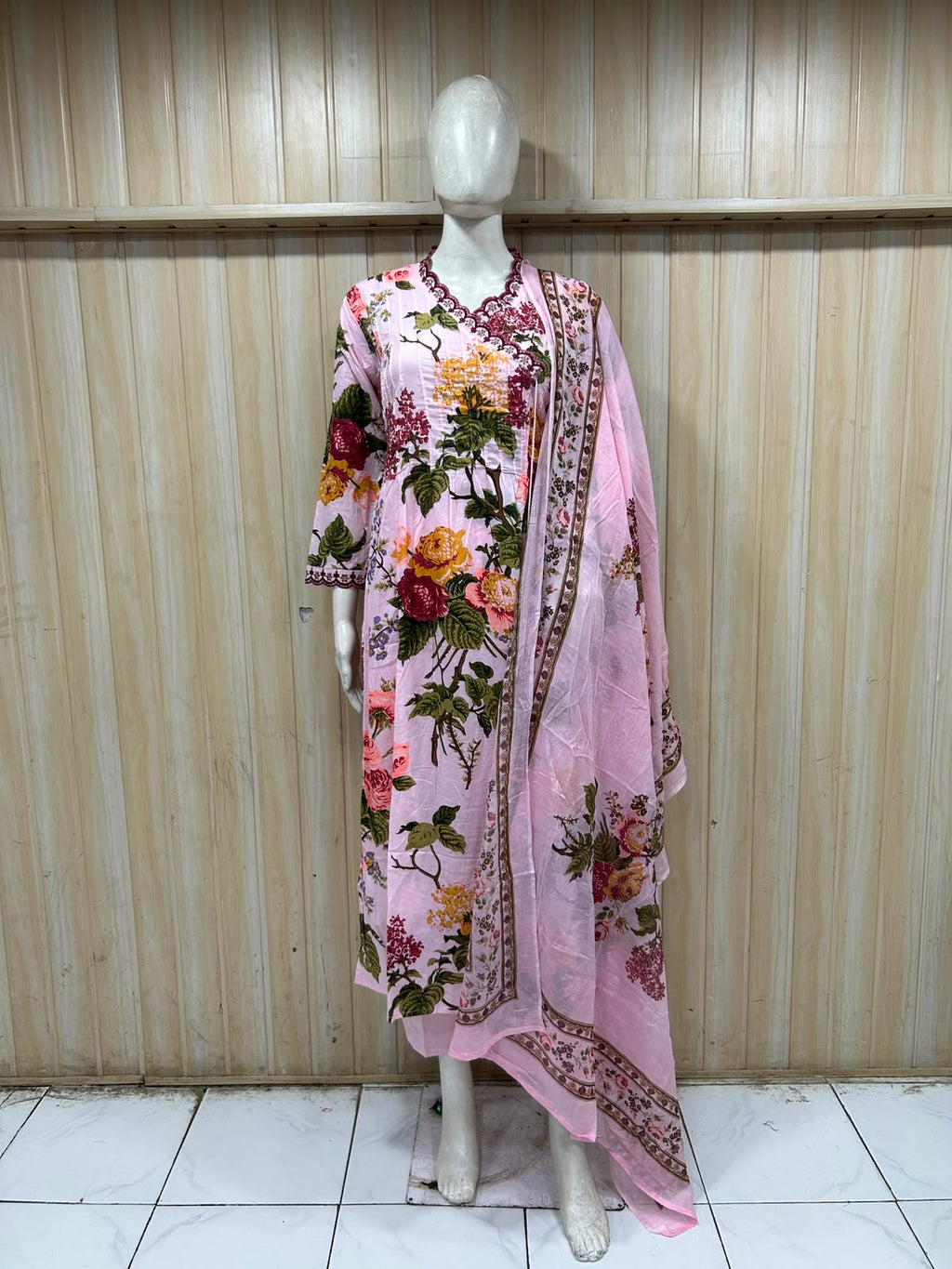 Light Pink Cotton 3-Piece Floral Printed Set with Matching Dupatta