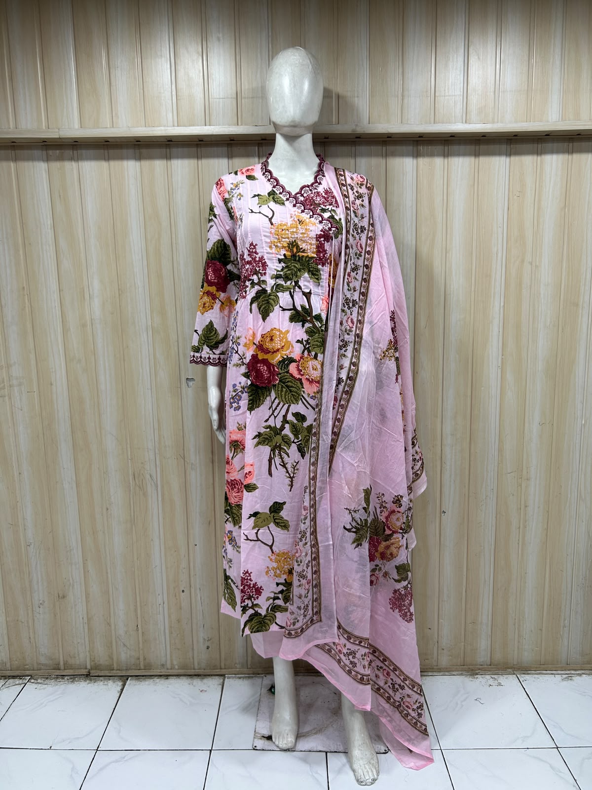 Light Pink Cotton 3-Piece Floral Printed Set with Matching Dupatta