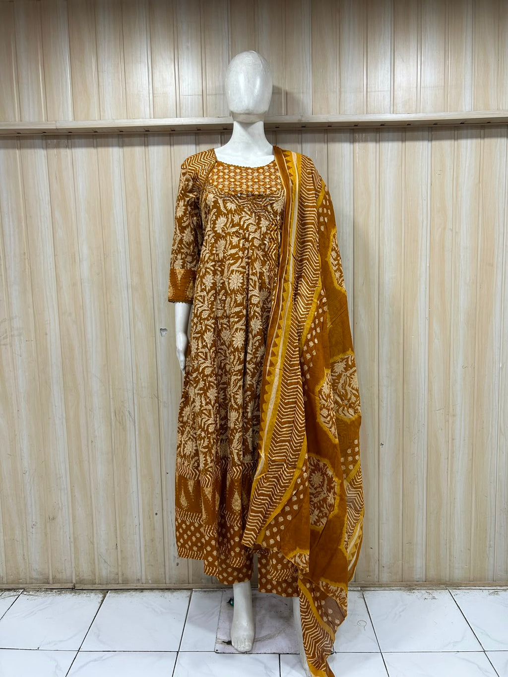 Brown Cotton 3-Piece Printed Co-Ord Set with Matching Dupatta
