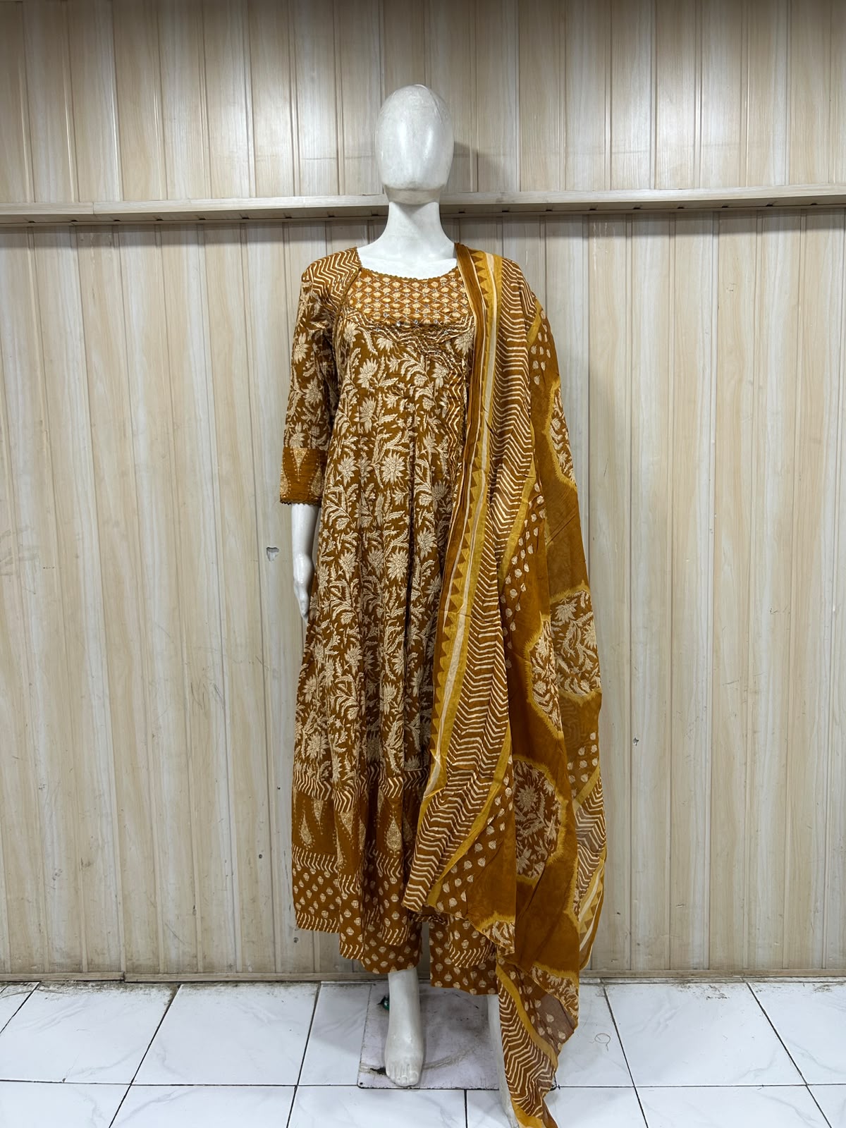 Brown Cotton 3-Piece Printed Co-Ord Set with Matching Dupatta