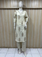 Cream Cotton 2-Piece Set with Hand Work Embellished V-Neck