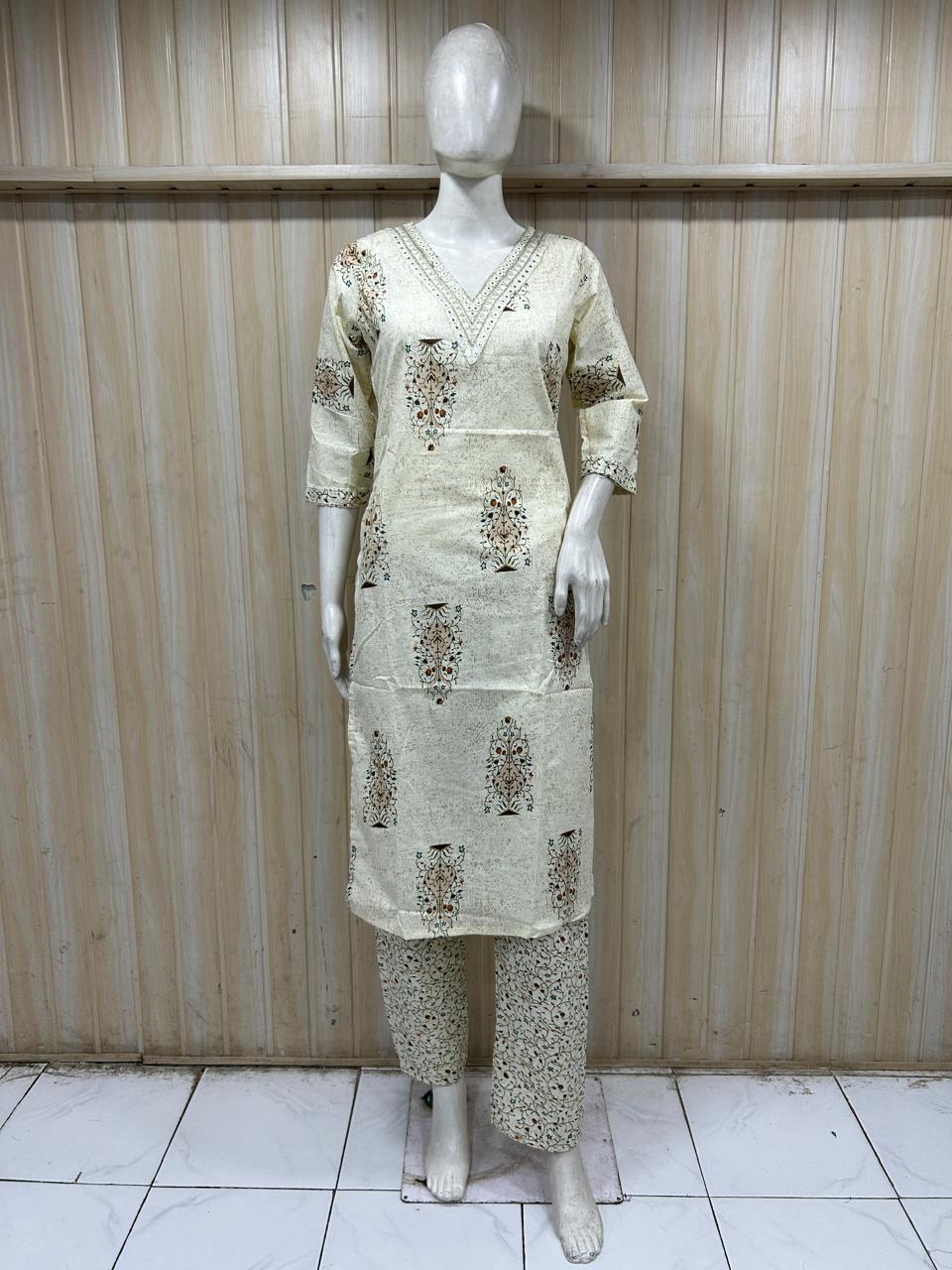 Cream Cotton 2-Piece Set with Hand Work Embellished V-Neck