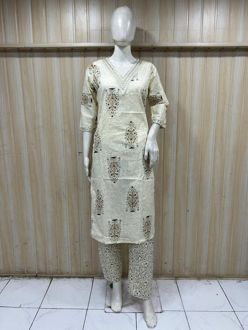 Cream Cotton 2-Piece Set with Hand Work Embellished V-Neck