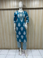 Teal Blue Cotton 2-Piece Set with Hand Work Embroidery