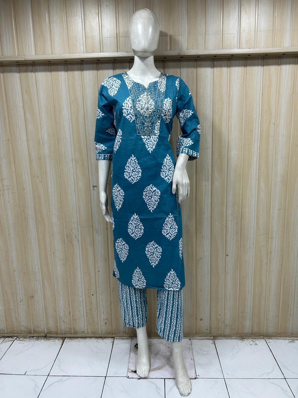 Teal Blue Cotton 2-Piece Set with Hand Work Embroidery
