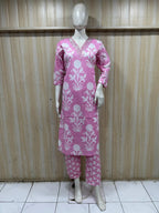 Pink Cotton 2-Piece Set with Hand Work Embellished V-Neck