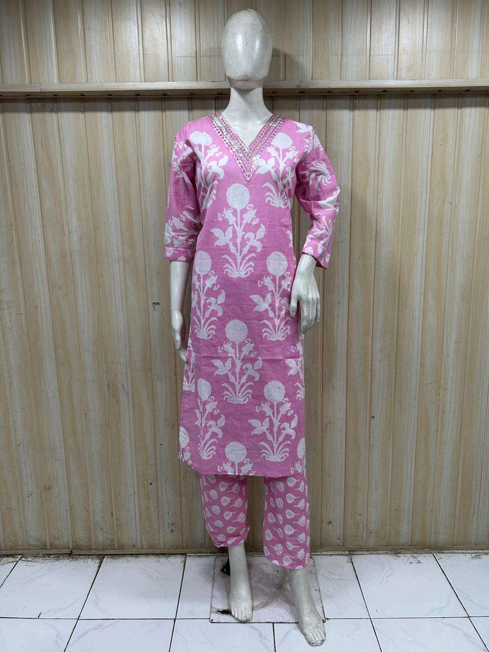 Pink Cotton 2-Piece Set with Hand Work Embellished V-Neck