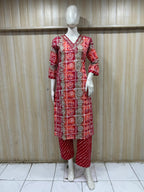 Elegant Red Cotton 2-Piece Set with V-Neck Hand Work Embellished Neckline
