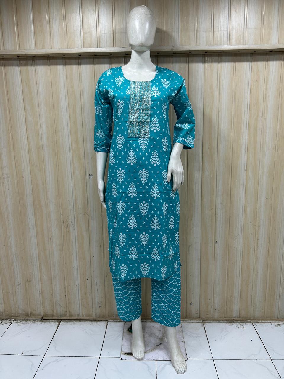 Teal Blue Cotton 2-Piece Set with Hand Work Embellished Neckline