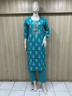 Teal Blue Cotton 2-Piece Set with Hand Work Embellished Neckline