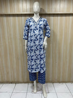 Navy Blue Cotton 2-Piece Set with Hand Work Embellished V-Neck