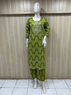 Olive Green Cotton 2-Piece Set with Hand Work Embellished Neck Panel
