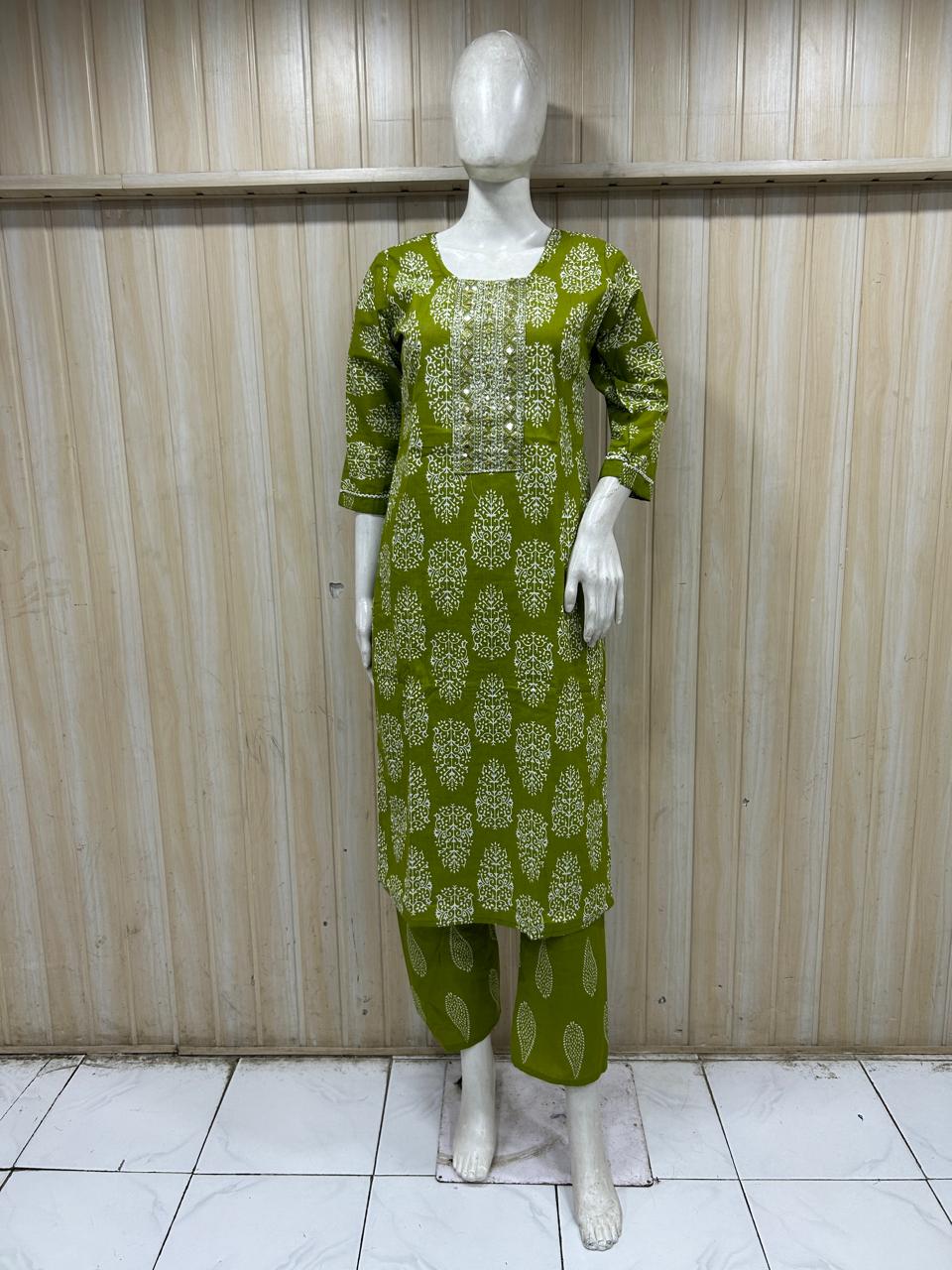 Olive Green Cotton 2-Piece Set with Hand Work Embellished Neck Panel