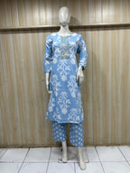 Sky Blue Cotton 2-Piece Set with Hand Work Neck Detail