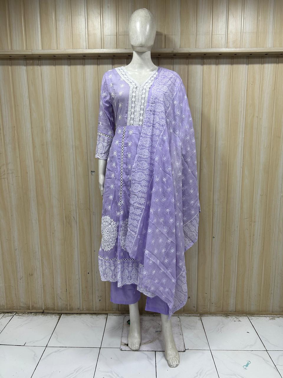 Lavender Cotton 3-Piece Set with Hand Work &amp; Printed Dupatta