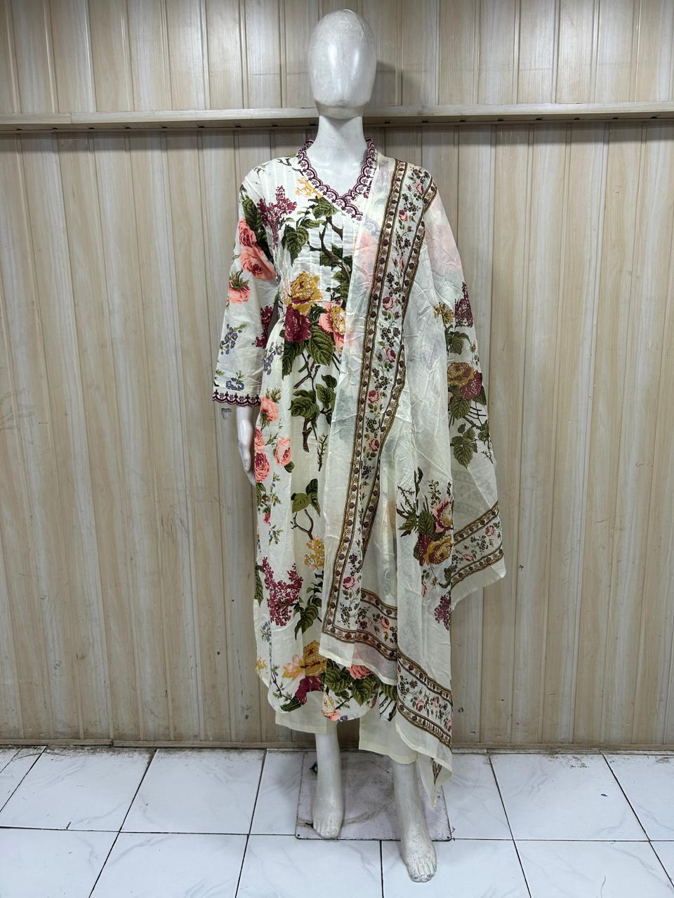 Ivory Floral Cotton 3-piece Co-Ord Set with Printed Dupatta