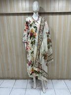Ivory Floral Cotton 3-piece Co-Ord Set with Printed Dupatta