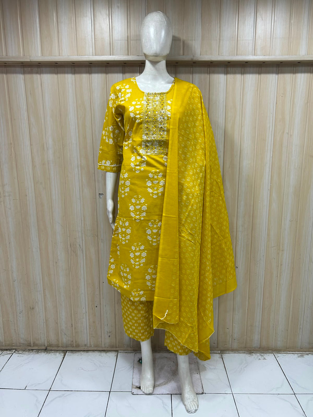 Mustard Yellow Cotton 3-Piece Set with Embroidered Yoke Printed Dupatta